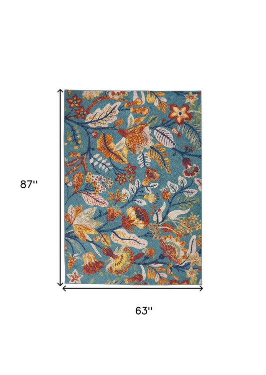 5' X 7' Aqua Floral Power Loom Area Rug