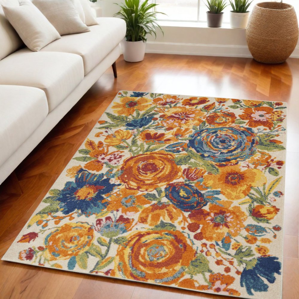 5' X 7' Cream Floral Power Loom Area Rug
