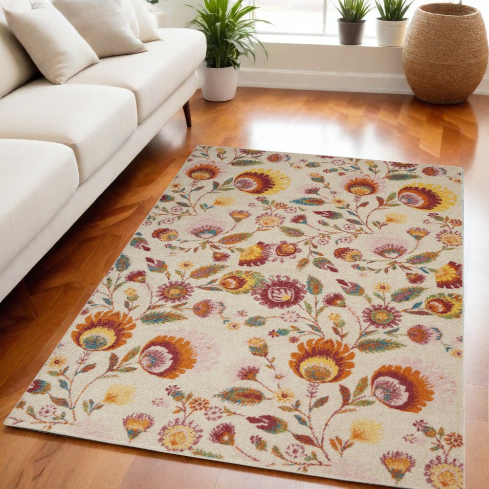 5' X 7' Cream Floral Power Loom Area Rug