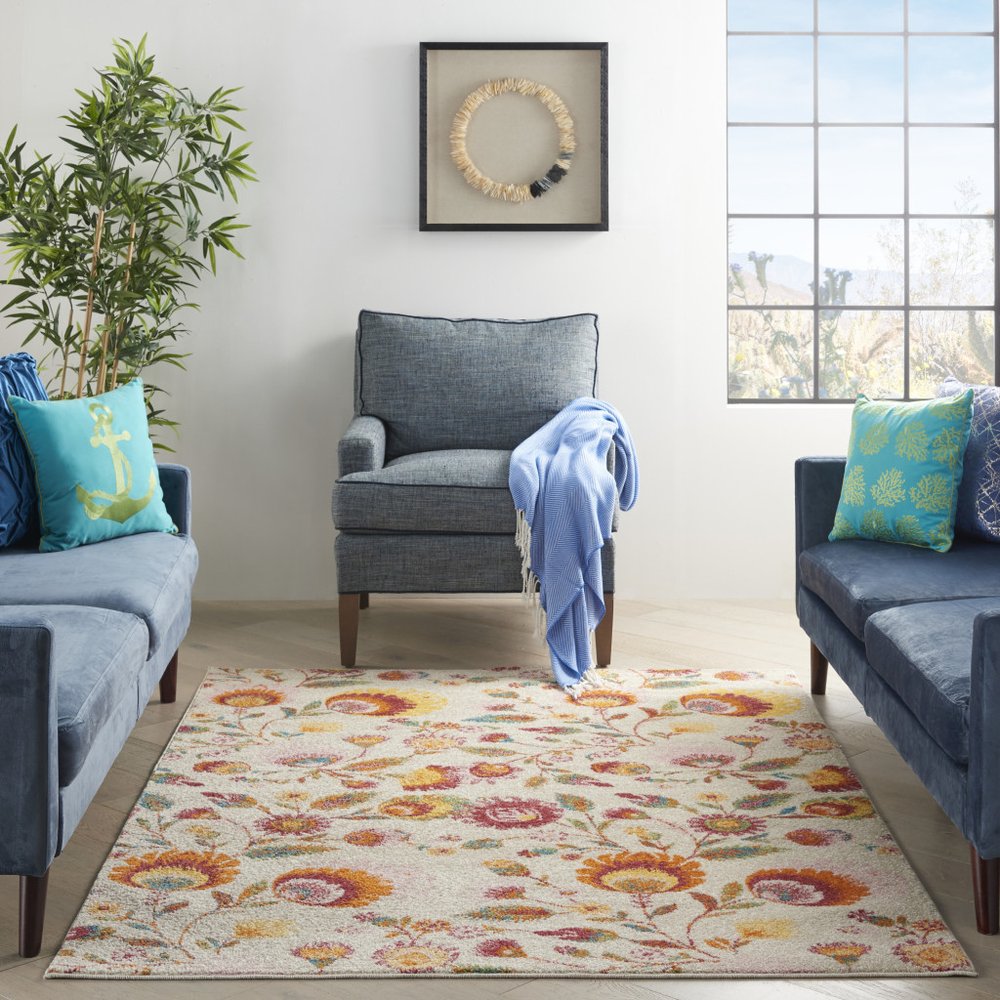 5' X 7' Cream Floral Power Loom Area Rug