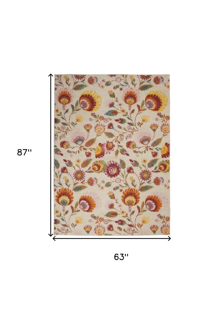 5' X 7' Cream Floral Power Loom Area Rug