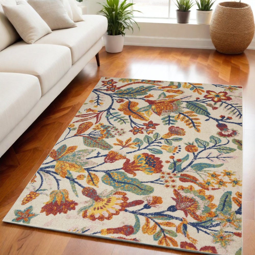 5' X 7' Cream Floral Power Loom Area Rug