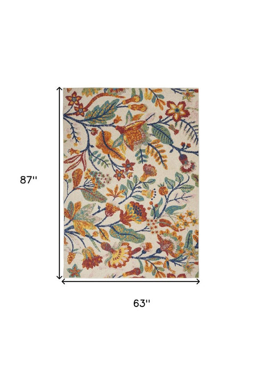 5' X 7' Cream Floral Power Loom Area Rug