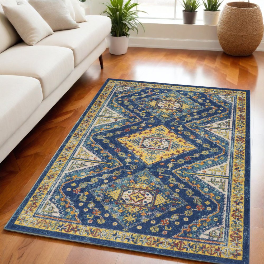 5' X 7' Blue and Yellow Geometric Power Loom Area Rug