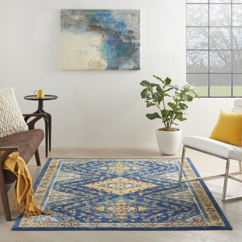 5' X 7' Blue and Yellow Geometric Power Loom Area Rug