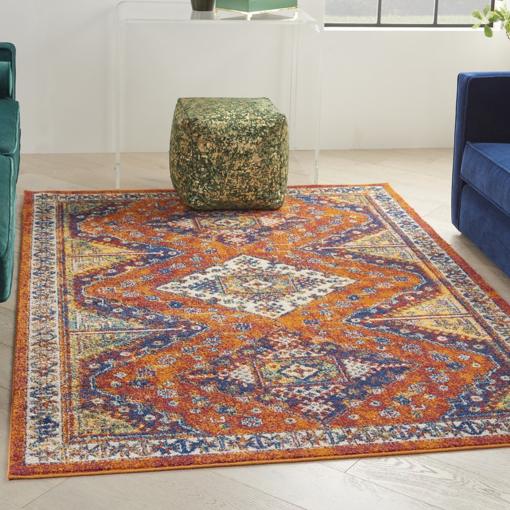5' X 7' Ivory Blue and Orange Geometric Power Loom Area Rug