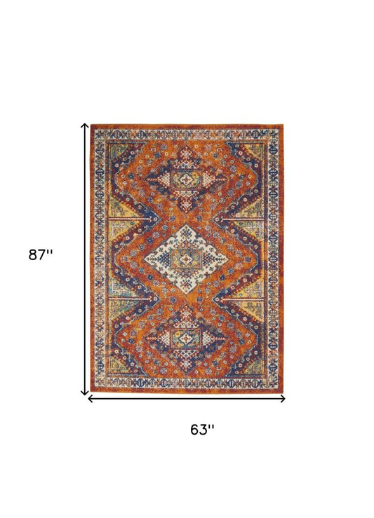 5' X 7' Ivory Blue and Orange Geometric Power Loom Area Rug