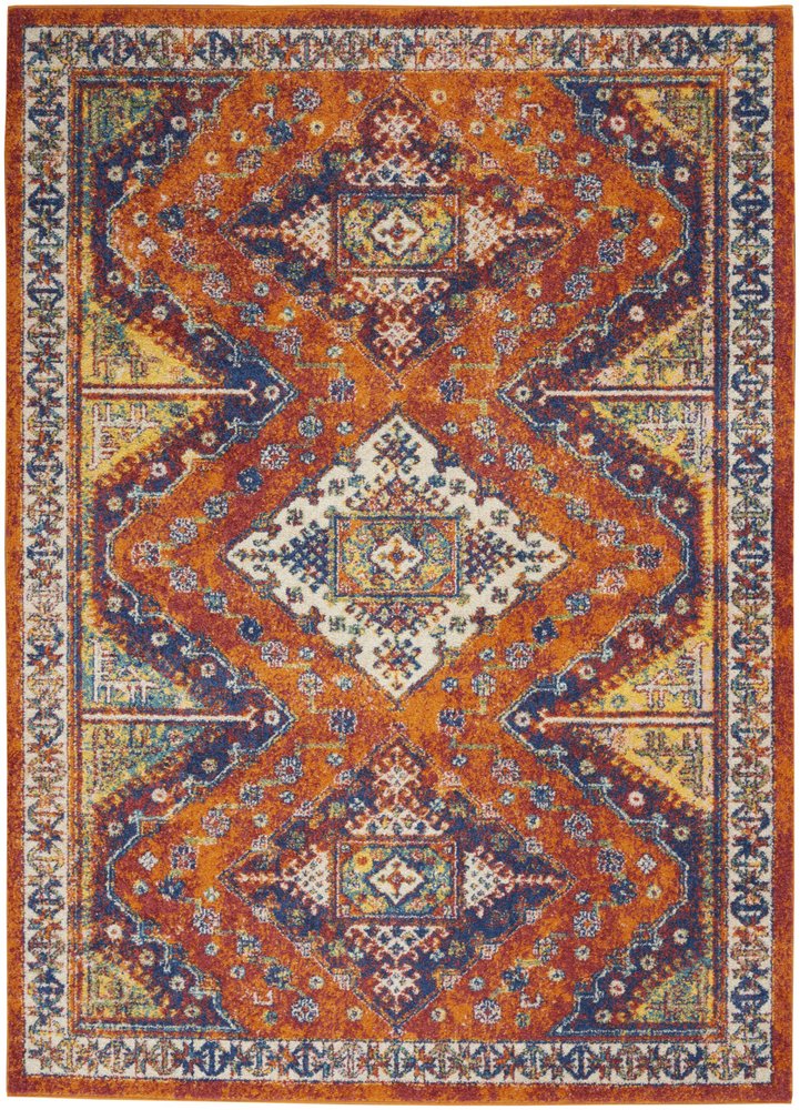 5' X 7' Ivory Blue and Orange Geometric Power Loom Area Rug