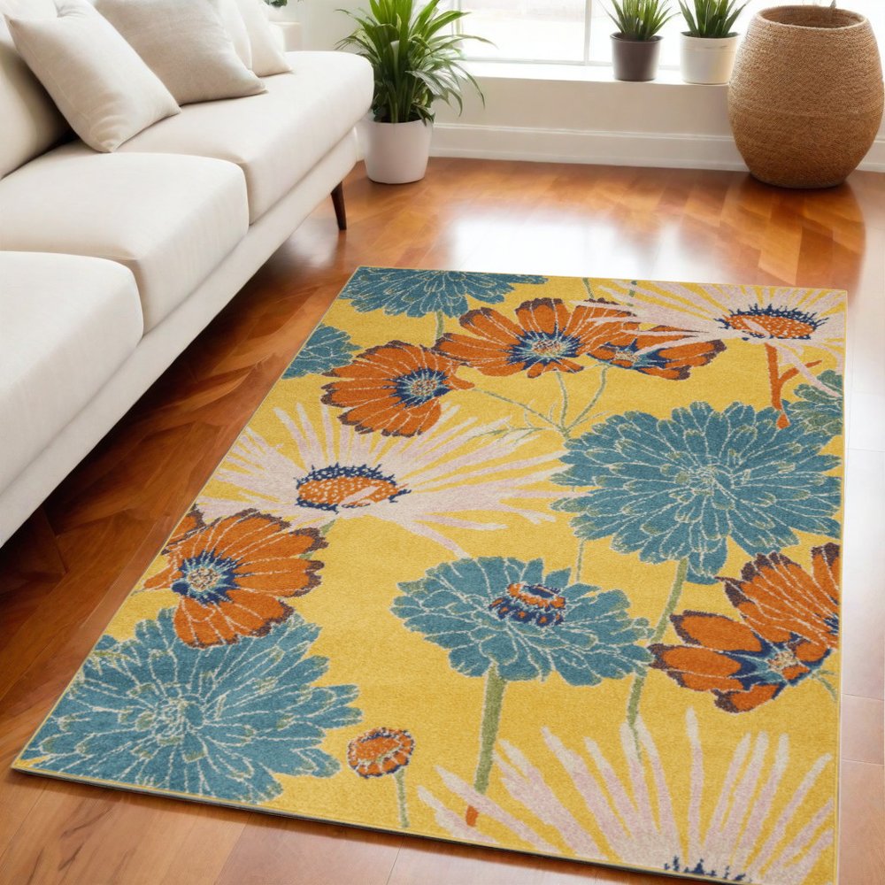 5' X 7' Yellow Floral Power Loom Area Rug