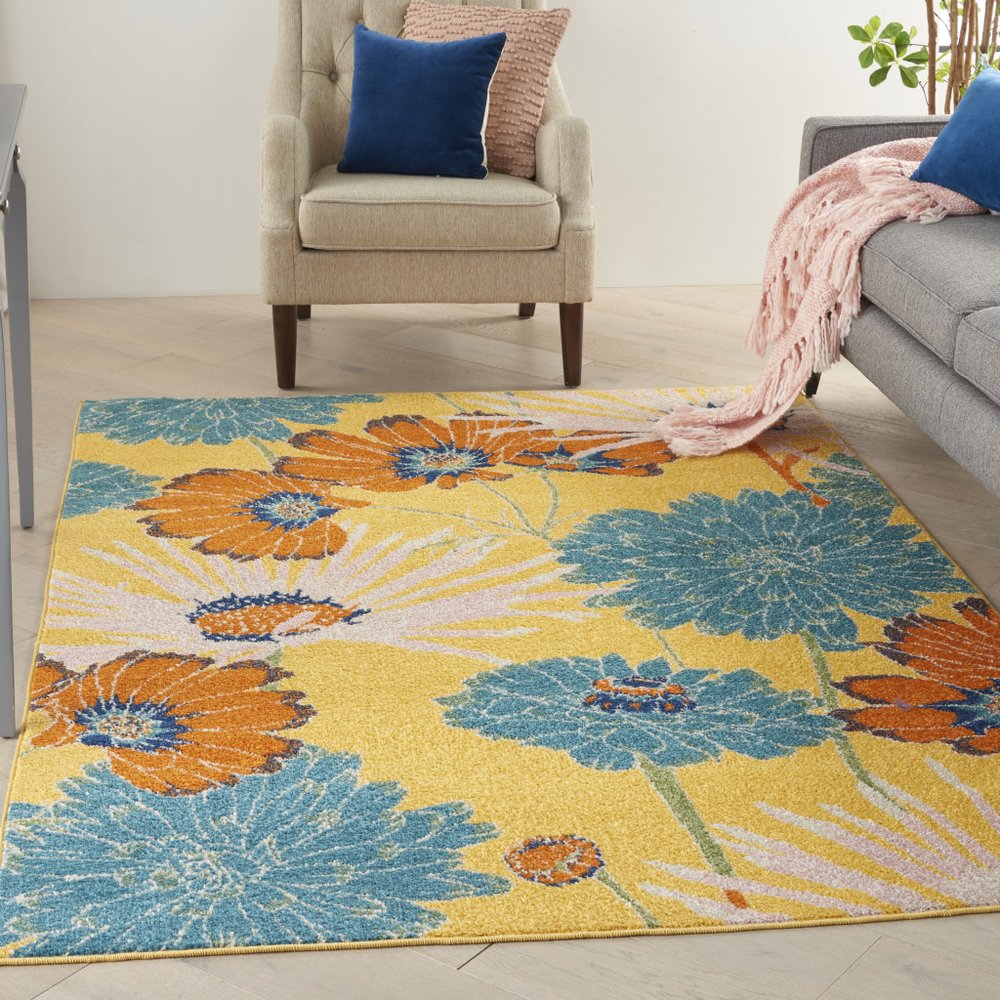 5' X 7' Yellow Floral Power Loom Area Rug