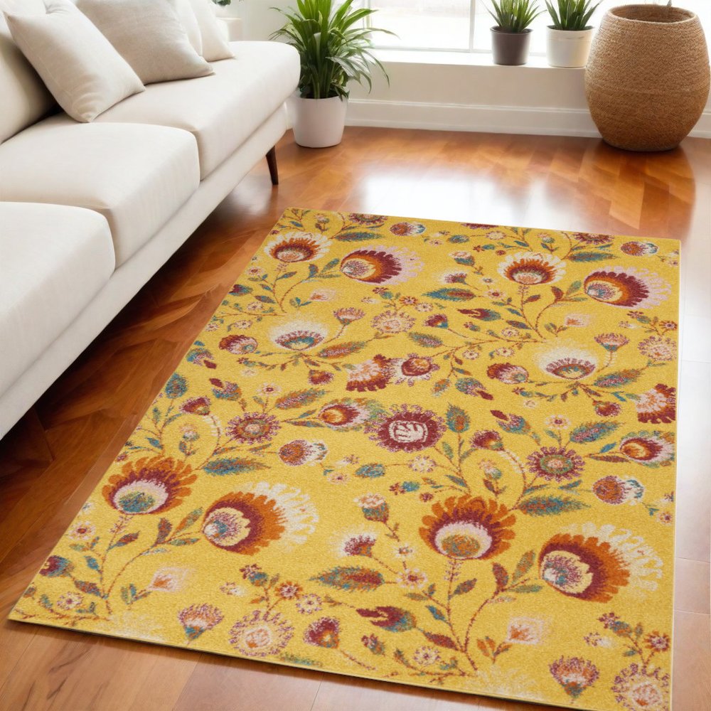 5' X 7' Yellow Floral Power Loom Area Rug