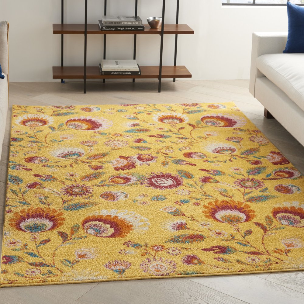 5' X 7' Yellow Floral Power Loom Area Rug