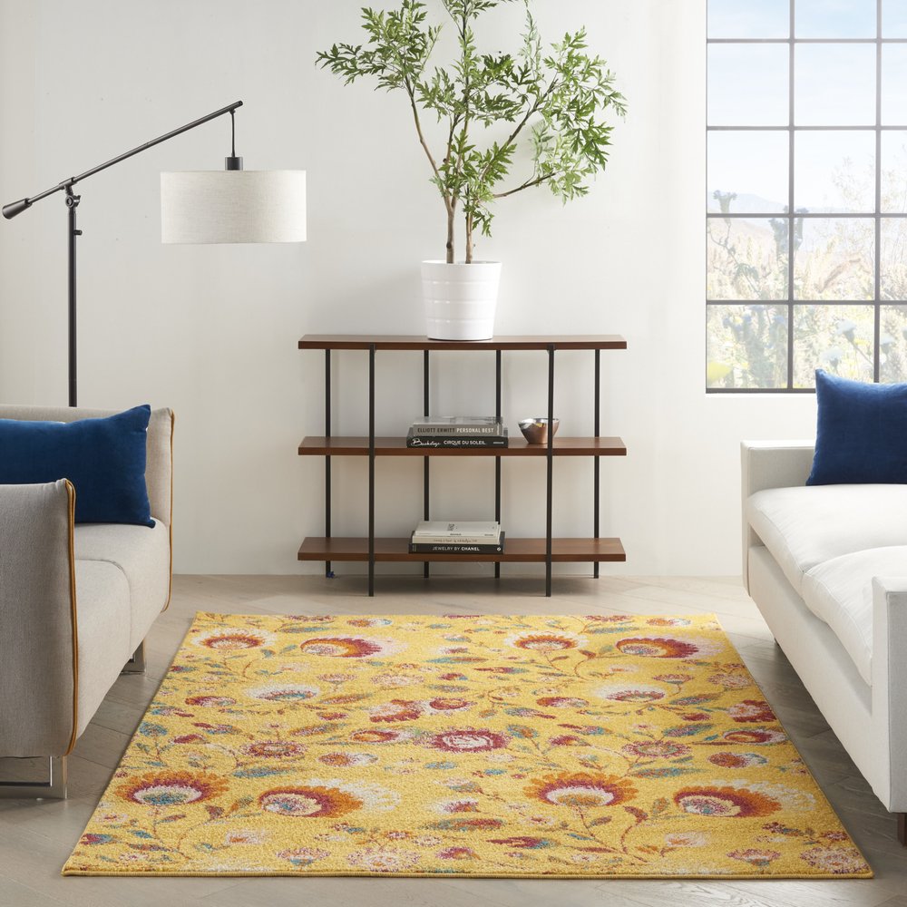 5' X 7' Yellow Floral Power Loom Area Rug