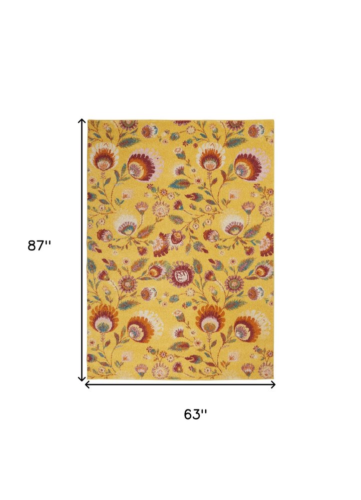 5' X 7' Yellow Floral Power Loom Area Rug