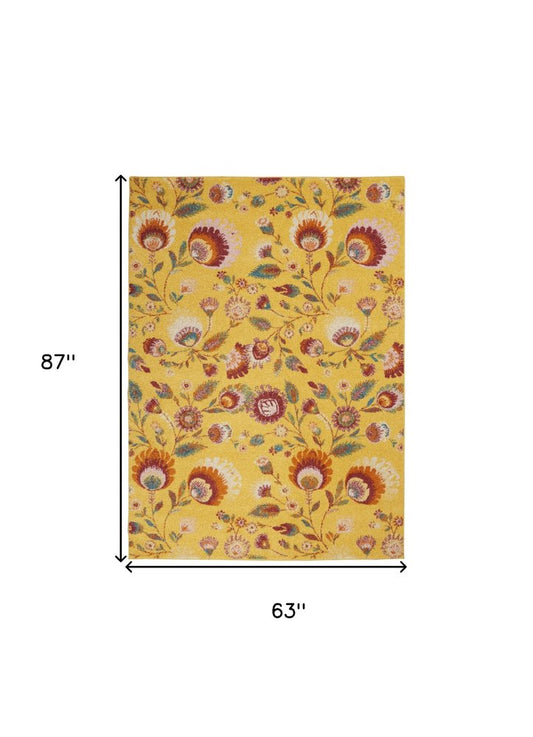 5' X 7' Yellow Floral Power Loom Area Rug