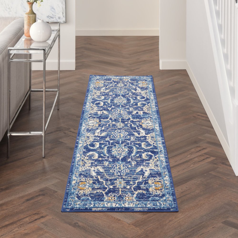 8' Blue And Beige Floral Runner Rug
