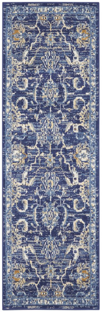 8' Blue And Beige Floral Runner Rug