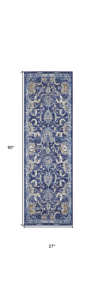 8' Blue And Beige Floral Runner Rug