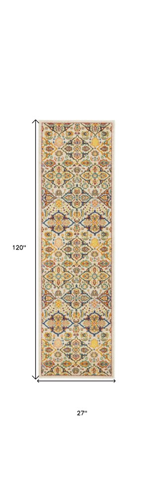 10' Ivory And Blue Floral Runner Rug