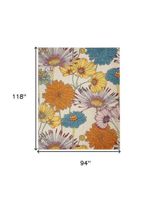 8' X 10' Ivory Blue and Orange Floral Power Loom Area Rug