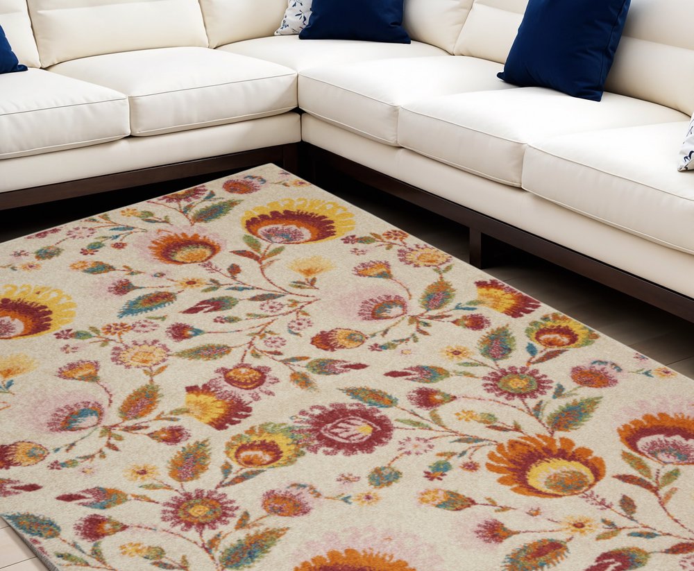 8' X 10' Cream Floral Power Loom Area Rug
