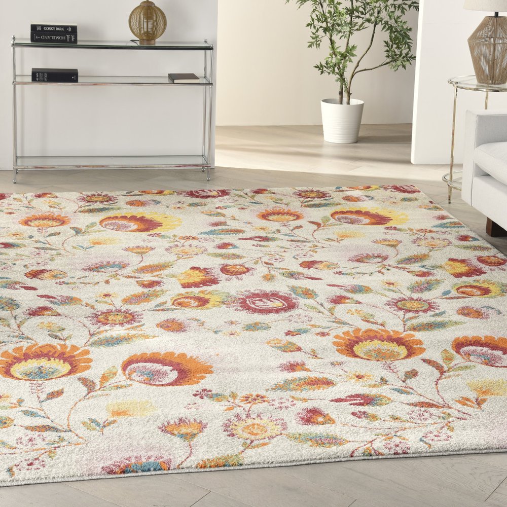 8' X 10' Cream Floral Power Loom Area Rug