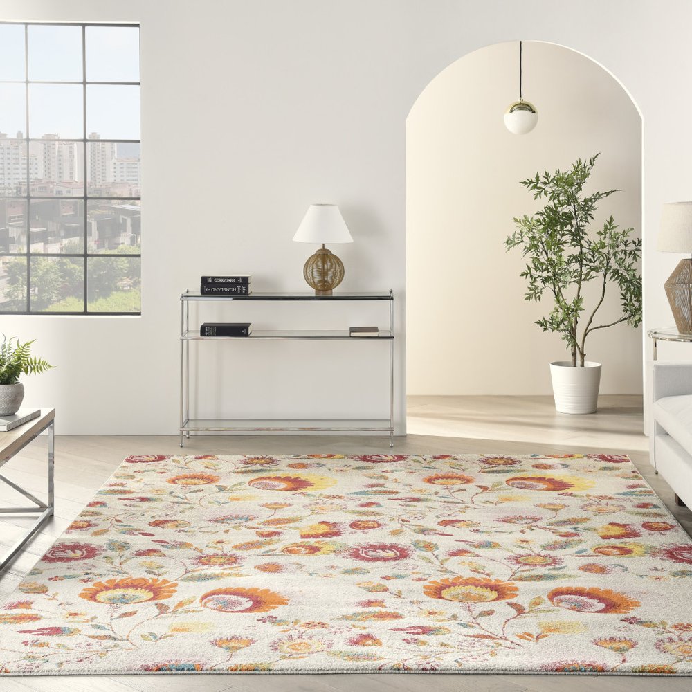 8' X 10' Cream Floral Power Loom Area Rug