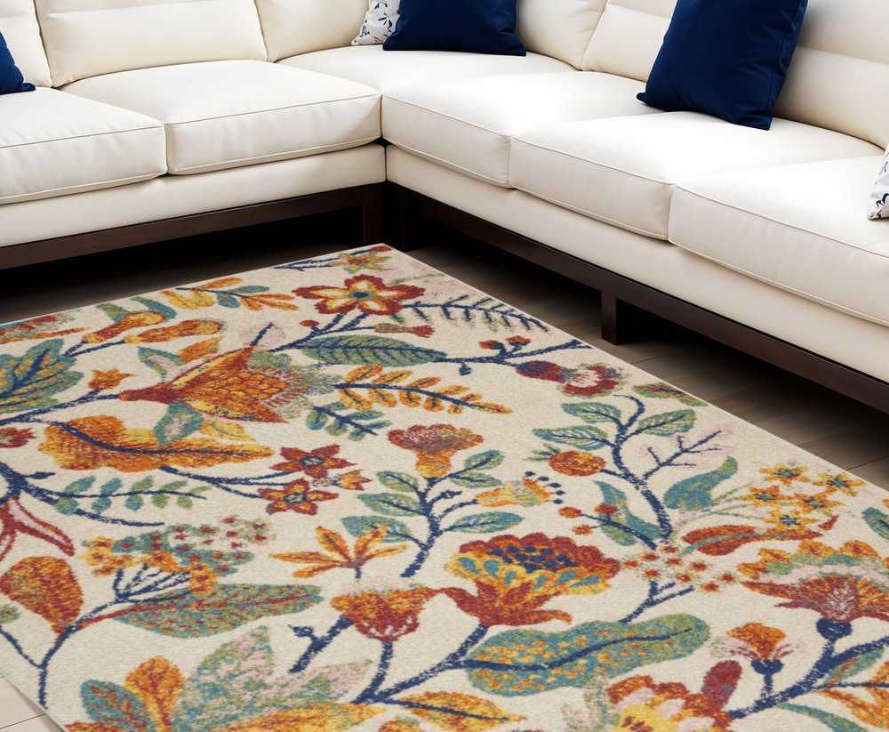 8' X 10' Cream Floral Power Loom Area Rug