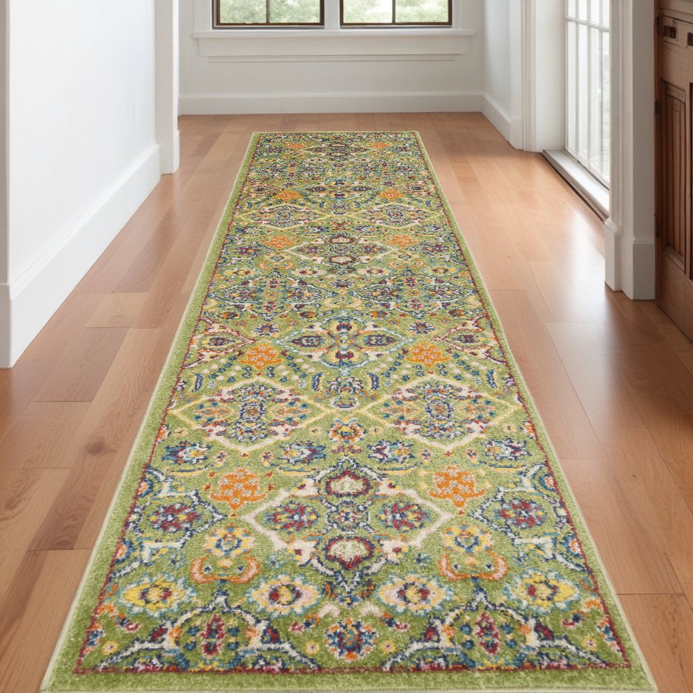 10' Green And Red Floral Runner Rug