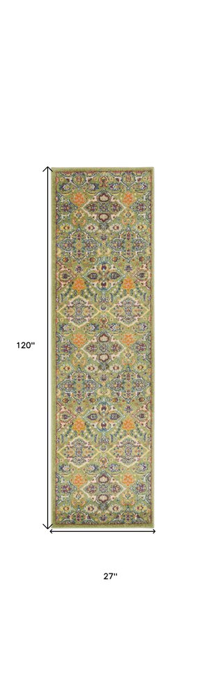 10' Green And Red Floral Runner Rug