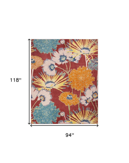 8' X 10' Orange and Red Tropical Floral Power Loom Area Rug