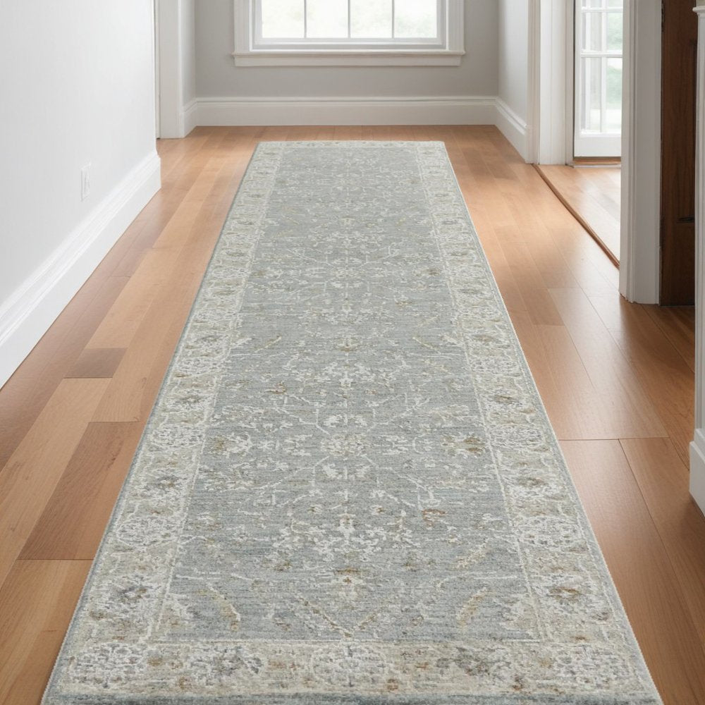 10' Ivory And Blue Floral Runner Rug