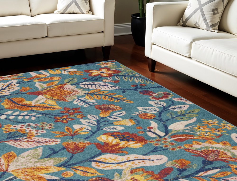 9' X 12' Aqua Floral Power Loom Area Rug