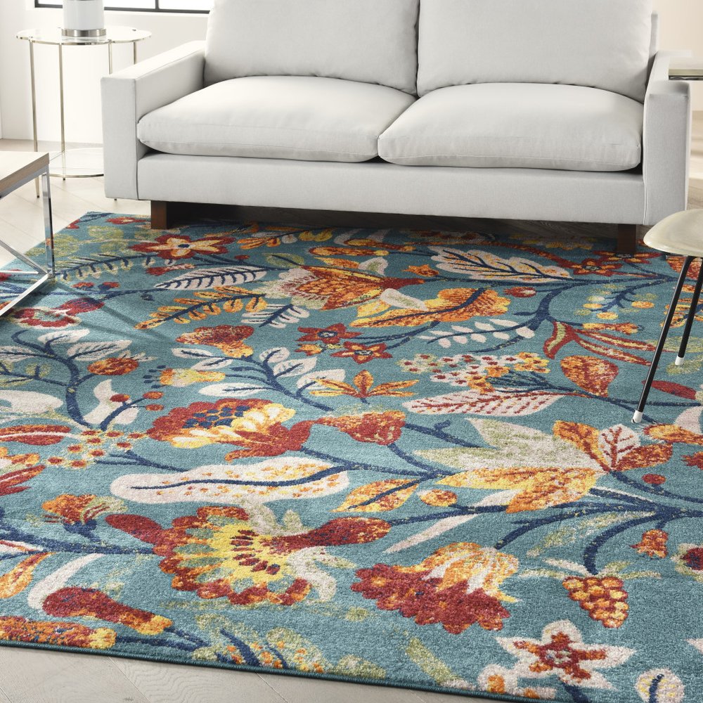 9' X 12' Aqua Floral Power Loom Area Rug