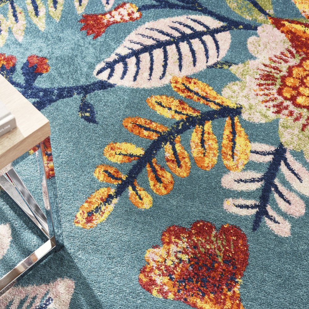 9' X 12' Aqua Floral Power Loom Area Rug