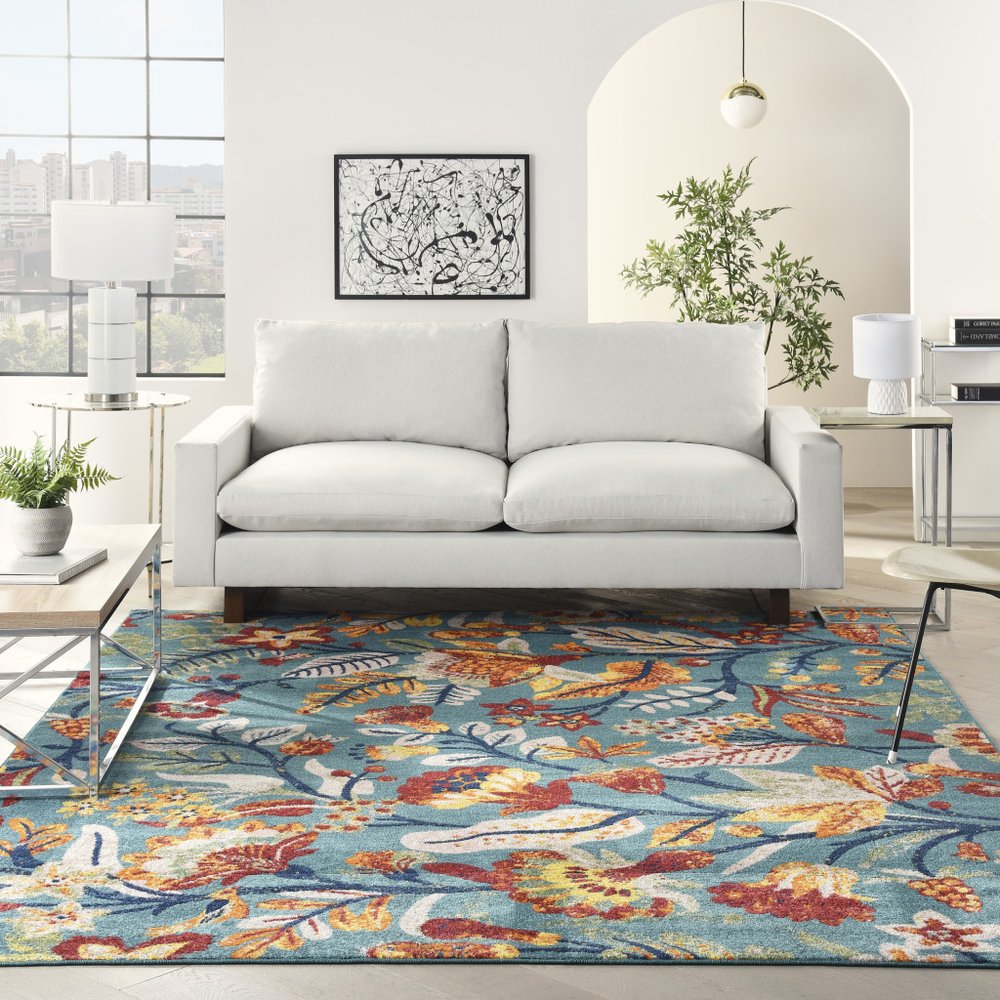 9' X 12' Aqua Floral Power Loom Area Rug