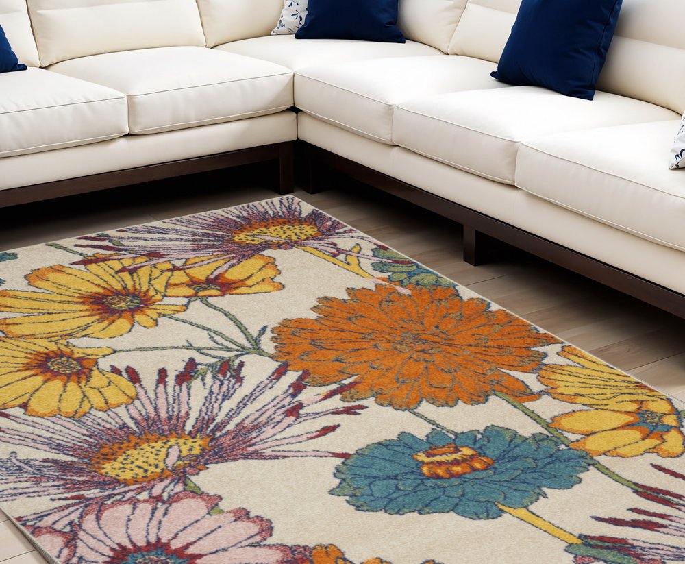 9' X 12' Cream Floral Power Loom Area Rug