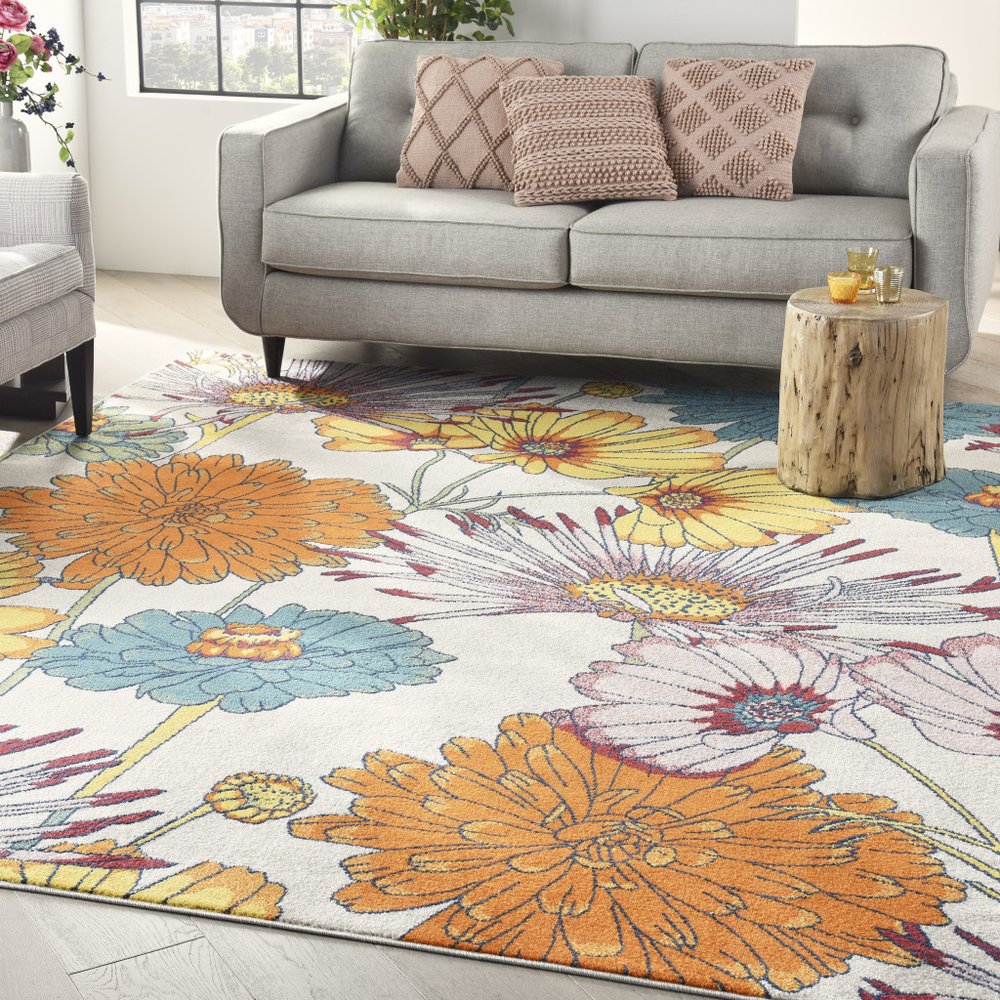 9' X 12' Cream Floral Power Loom Area Rug