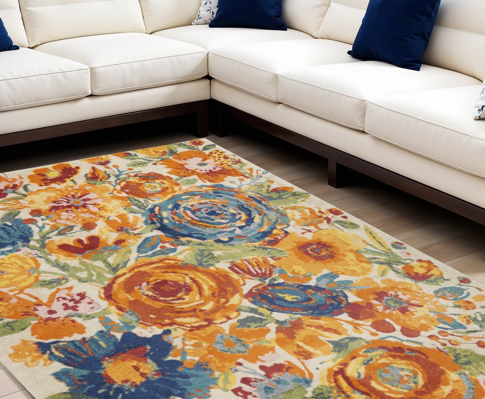 9' X 12' Cream Floral Power Loom Area Rug