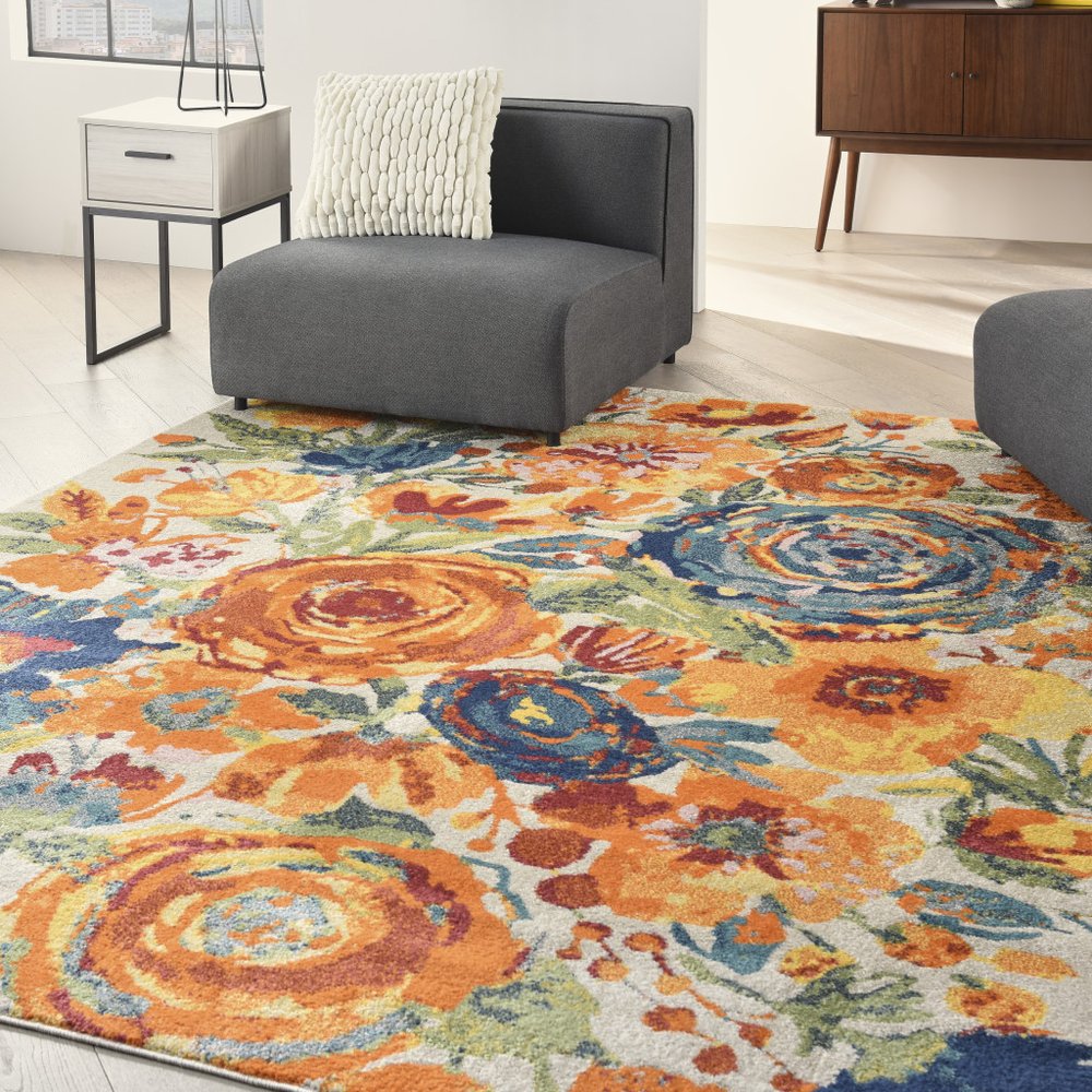 9' X 12' Cream Floral Power Loom Area Rug