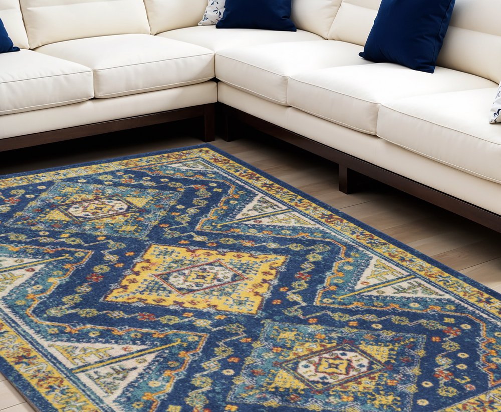 9' X 12' Blue and Yellow Geometric Power Loom Area Rug
