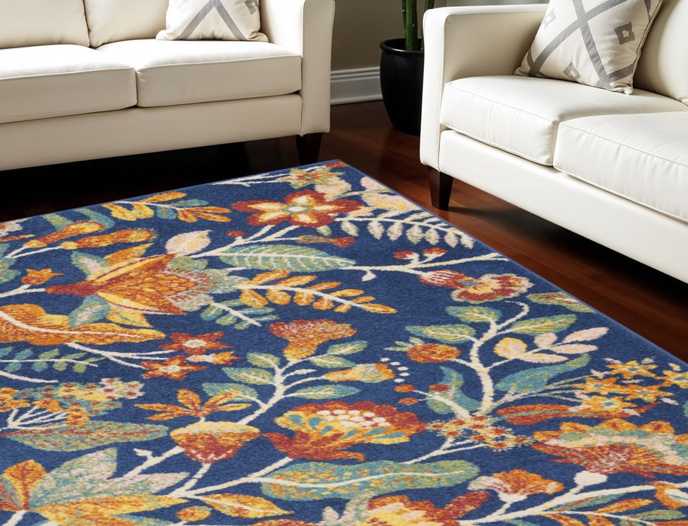 9' X 12' Navy Blue Floral Power Loom Area Rug