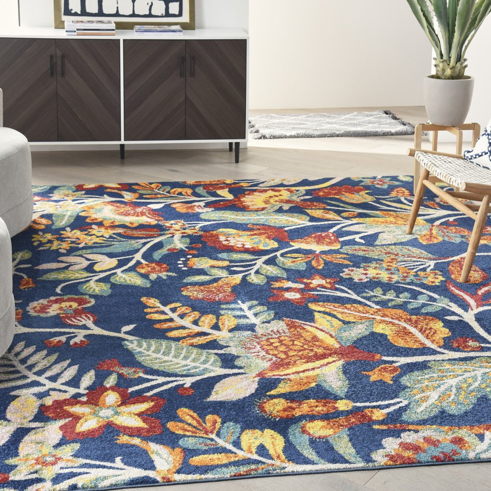 9' X 12' Navy Blue Floral Power Loom Area Rug