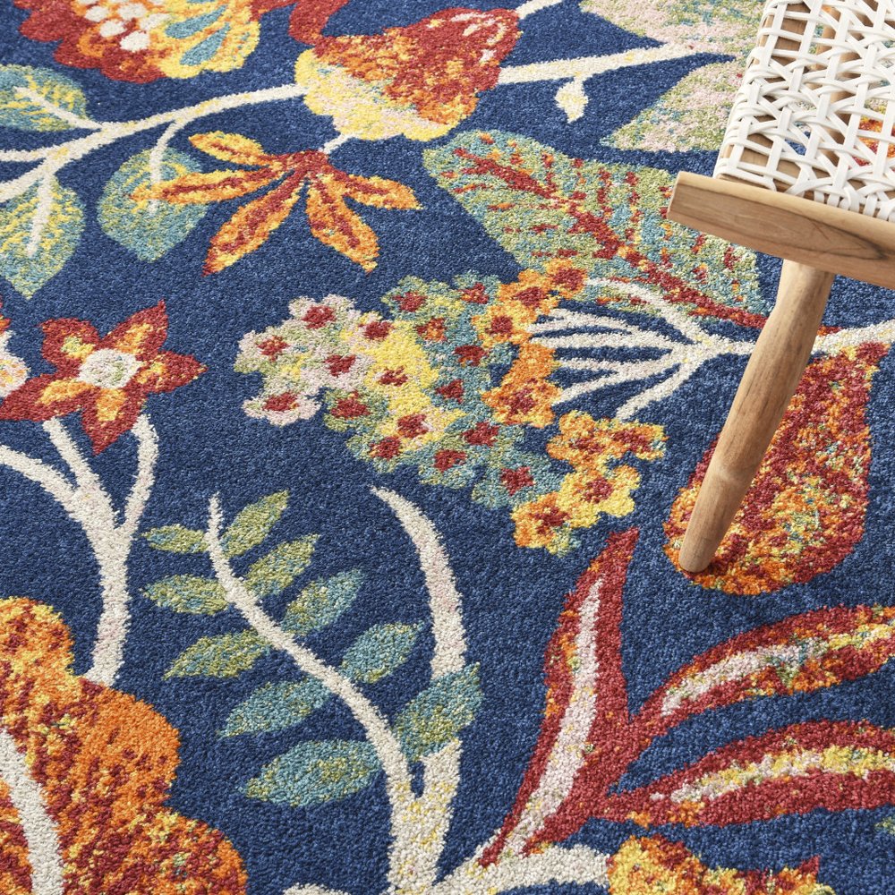 9' X 12' Navy Blue Floral Power Loom Area Rug