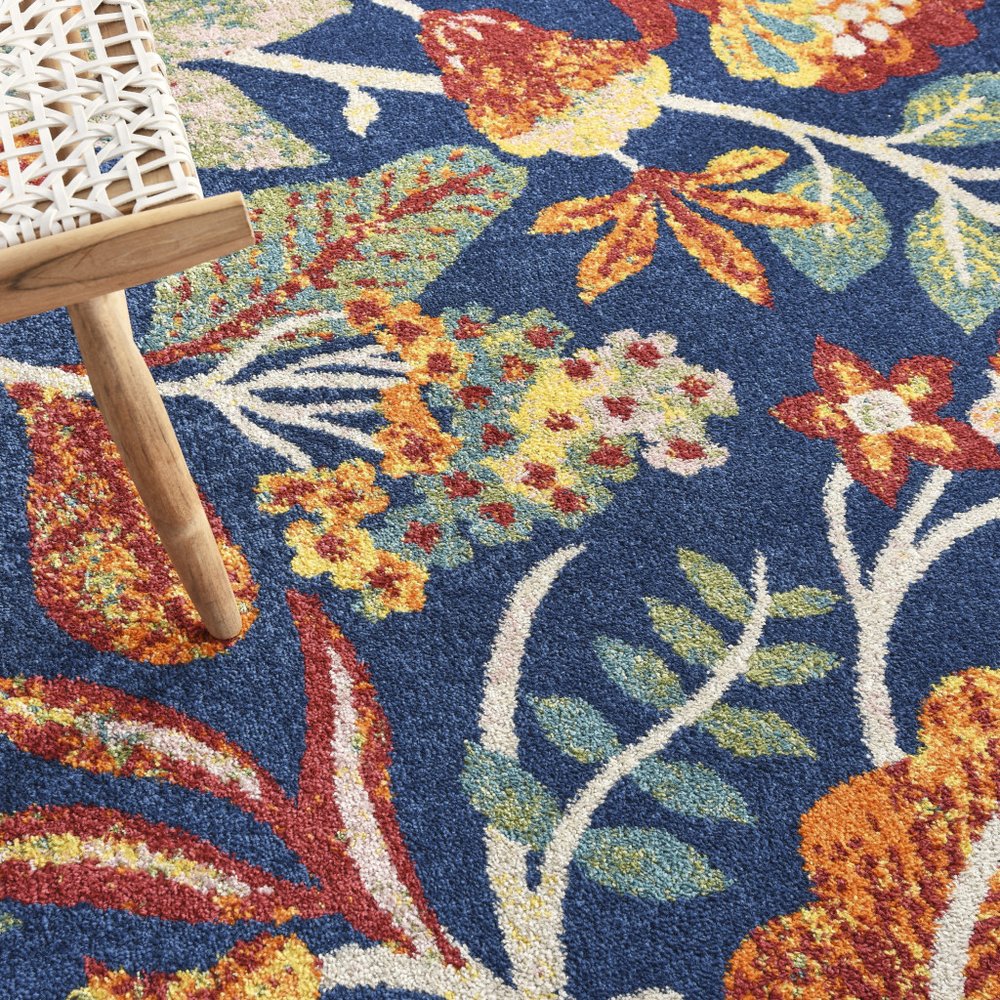 9' X 12' Navy Blue Floral Power Loom Area Rug