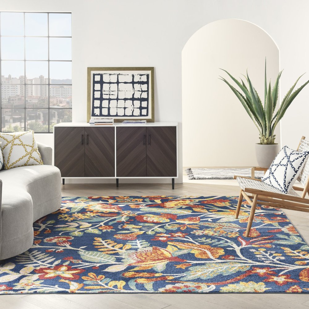 9' X 12' Navy Blue Floral Power Loom Area Rug