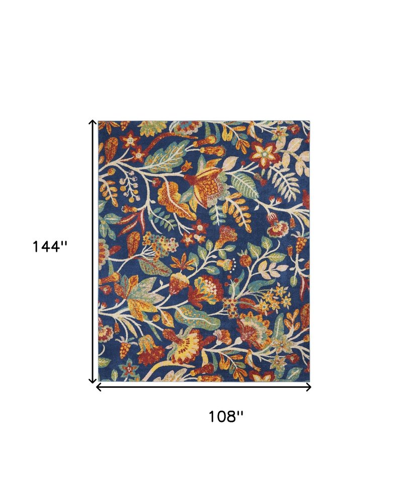 9' X 12' Navy Blue Floral Power Loom Area Rug