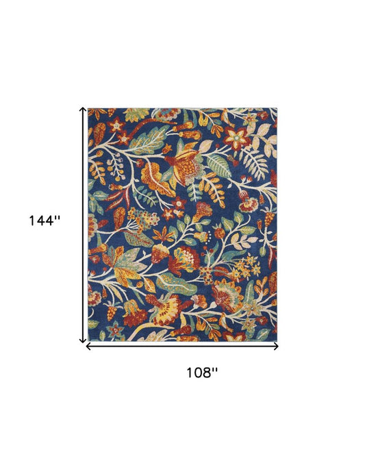 9' X 12' Navy Blue Floral Power Loom Area Rug