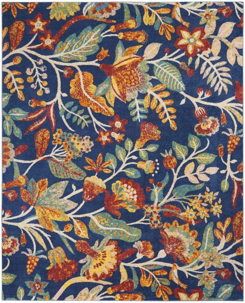 9' X 12' Navy Blue Floral Power Loom Area Rug