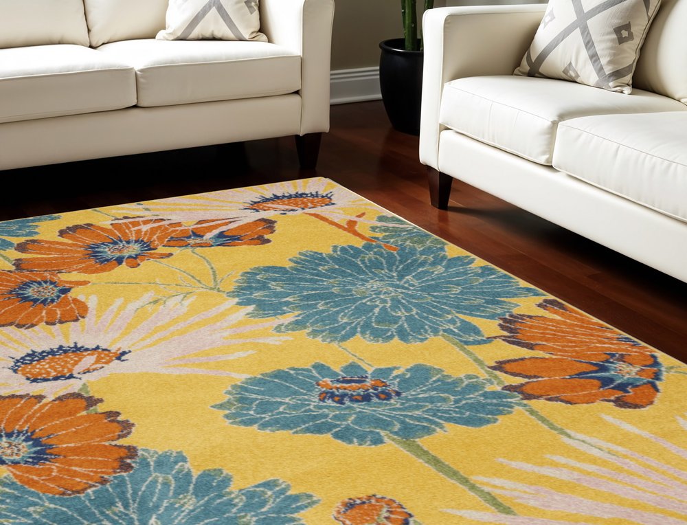 9' X 12' Yellow Floral Power Loom Area Rug